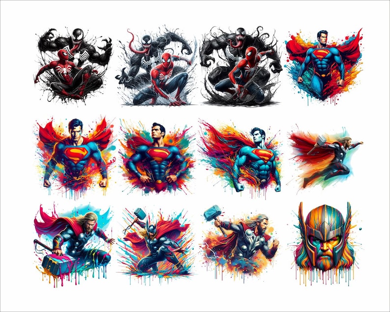 May include: A digital collage of nine images featuring various superheroes. The images are set against a colorful background with paint splatters. The superheroes include Venom, Spider-Man, Superman, and Thor.