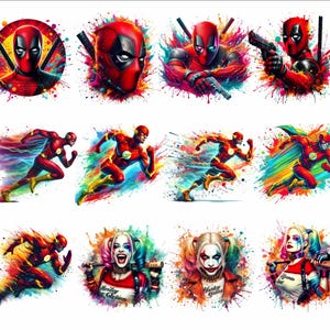 May include: A digital collage of nine colorful images featuring popular comic book characters. The images include Deadpool, The Flash, and Harley Quinn. Each character is depicted in a dynamic pose with a colorful paint splatter effect.