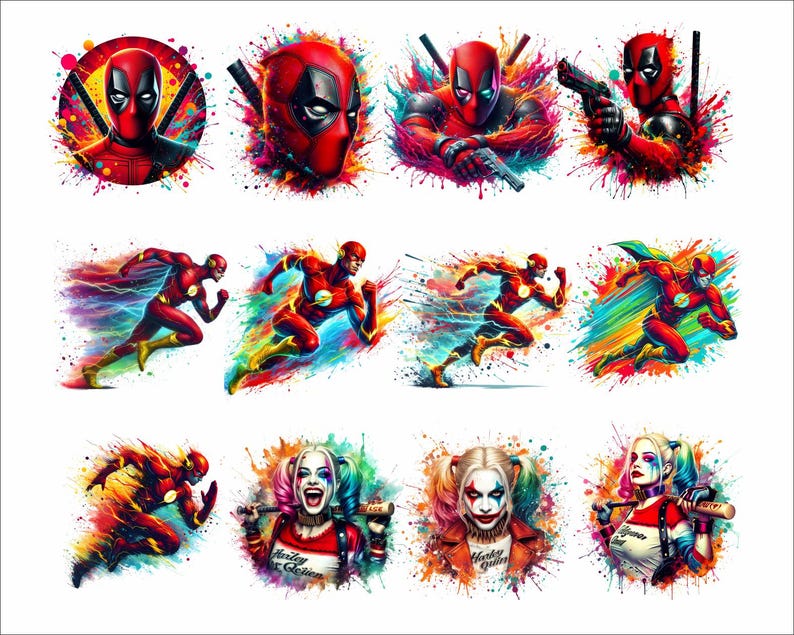 May include: A digital collage of nine colorful images featuring popular comic book characters. The images include Deadpool, The Flash, and Harley Quinn. Each character is depicted in a dynamic pose with a colorful paint splatter effect.