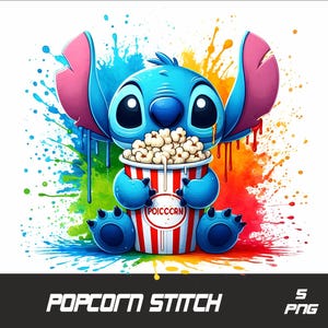 Peut inclure: Un personnage de dessin animé bleu avec de grandes oreilles tenant un seau de popcorn rayé rouge et blanc. Le personnage est entouré d'éclaboussures de peinture colorées.