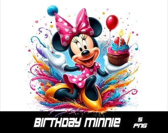 Könnte beinhalten: Minnie Maus trägt ein rosa gepunktetes Kleid und eine Partymütze und hält einen Geburtstagskuchen mit Kerzen. Sie ist umgeben von bunten Farbspritzern.