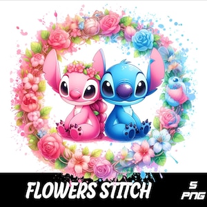 5 PNG Flowers Pink Stitch and  Stitch Png Stitch Splash and Watercolor Png Stitch Transparent PNG file for Sublimation