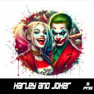 May include: Digital artwork featuring Harley Quinn and the Joker, surrounded by colourful paint splatters. Harley Quinn has blonde and pink pigtails, and the Joker has green hair. The text "Harley and Joker" is at the bottom.