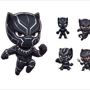 Op de afbeelding: Black Panther-personageillustraties in cartoon-stijl. De hoofdafbeelding toont Black Panther in een rennende pose. De andere afbeeldingen tonen Black Panther in verschillende poses, waaronder staand, hurkend en met een wapen.