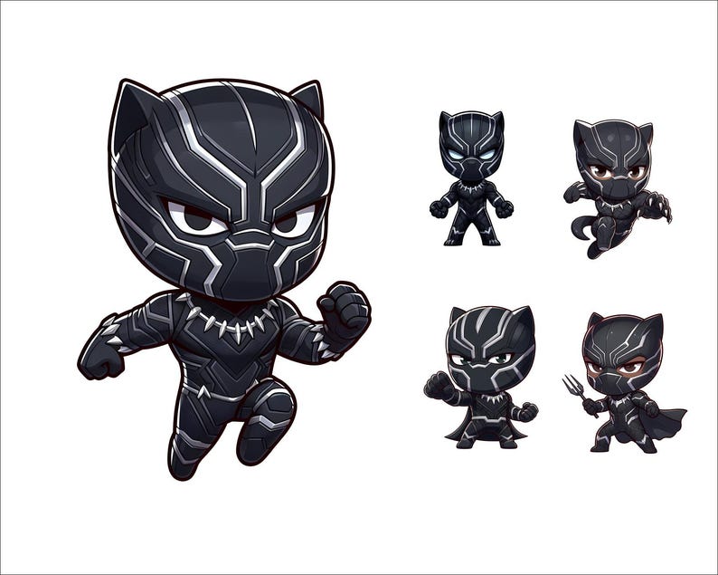 Op de afbeelding: Black Panther-personageillustraties in cartoon-stijl. De hoofdafbeelding toont Black Panther in een rennende pose. De andere afbeeldingen tonen Black Panther in verschillende poses, waaronder staand, hurkend en met een wapen.