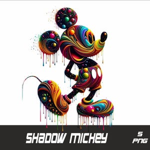 Könnte beinhalten: Eine farbenfrohe, abstrakte Illustration von Mickey Mouse mit tropfenden Farbeffekten. Das Bild ist eine lebendige Mischung aus Farben, darunter Rot, Gelb, Blau, Grün und Lila. Der Hintergrund ist weiß.