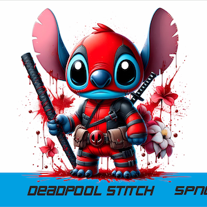 Puede incluir: Ilustración digital de un personaje de dibujos animados, un híbrido de Stitch y Deadpool, con un disfraz rojo y negro. El personaje sostiene una katana y está rodeado de salpicaduras y flores rojas. El texto en la parte inferior dice "DEADPOOL STITCH SPNG."