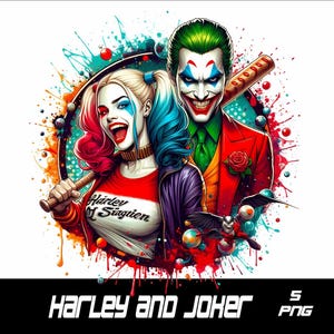 May include: Digital artwork of Harley Quinn and the Joker. Harley, with red and blue hair, holds a baseball bat, wearing a red, white, and black top. The Joker, with green hair and a red suit, smiles. The image includes the text "Harley and Joker".