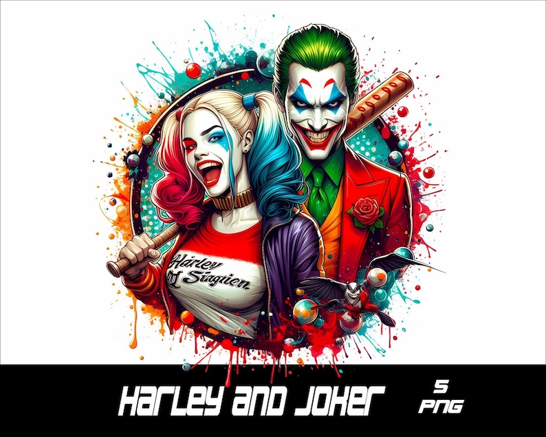 May include: Digital artwork of Harley Quinn and the Joker. Harley, with red and blue hair, holds a baseball bat, wearing a red, white, and black top. The Joker, with green hair and a red suit, smiles. The image includes the text "Harley and Joker".