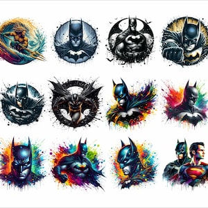 May include: A collection of 12 digital illustrations featuring Batman in various poses and settings. Some images feature Batman with a colorful background, while others have a black and white background. One image features Batman and Superman.