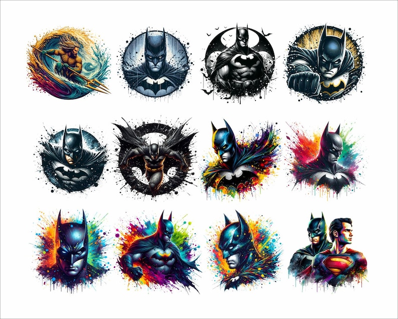 May include: A collection of 12 digital illustrations featuring Batman in various poses and settings. Some images feature Batman with a colorful background, while others have a black and white background. One image features Batman and Superman.