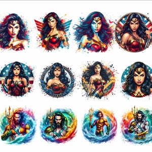 May include: Twelve colorful digital illustrations of Wonder Woman and Aquaman. The illustrations feature the characters in various poses with a watercolor-like background.