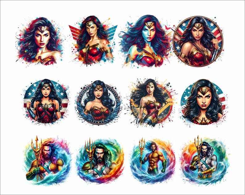 May include: Twelve colorful digital illustrations of Wonder Woman and Aquaman. The illustrations feature the characters in various poses with a watercolor-like background.