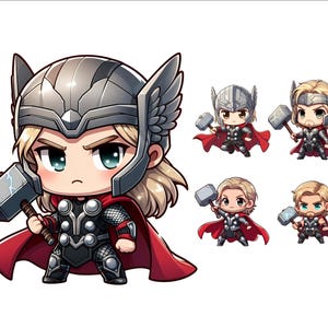Op de afbeelding: Een cartoonillustratie van Thor, een superheld uit Marvel Comics, in chibi-stijl. Thor draagt een rode cape, een zilveren helm met vleugels en een zilveren en zwarte bepantsering. Hij houdt een zilveren hamer vast met een blauw bliksemontwerp.