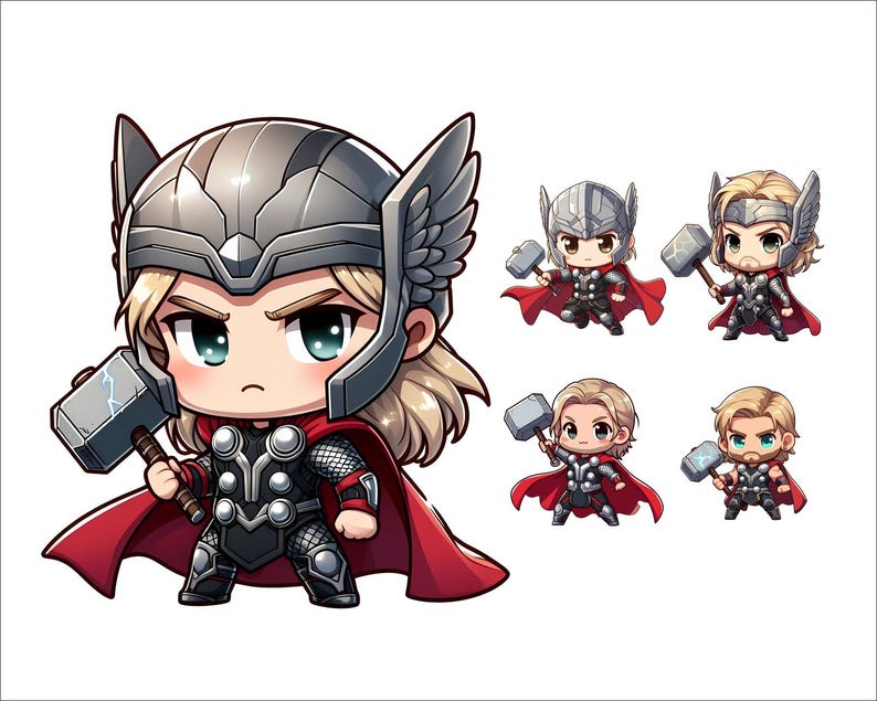 Op de afbeelding: Een cartoonillustratie van Thor, een superheld uit Marvel Comics, in chibi-stijl. Thor draagt een rode cape, een zilveren helm met vleugels en een zilveren en zwarte bepantsering. Hij houdt een zilveren hamer vast met een blauw bliksemontwerp.