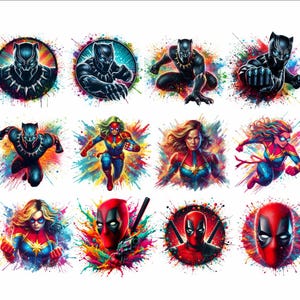 May include: A digital collage of nine colorful images featuring popular superhero characters. The characters include Black Panther, Captain Marvel, and Deadpool. Each image is set against a background of colorful paint splatters.