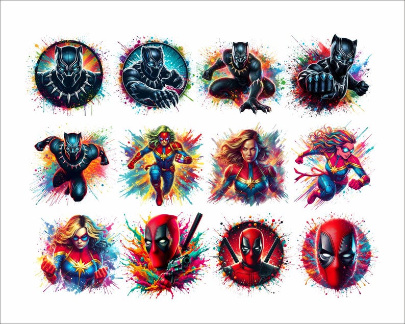 May include: A digital collage of nine colorful images featuring popular superhero characters. The characters include Black Panther, Captain Marvel, and Deadpool. Each image is set against a background of colorful paint splatters.