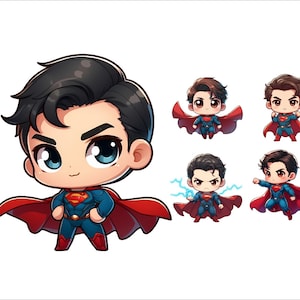 Op de afbeelding: Een cartoonillustratie van Superman in een rood en blauw kostuum met een geel 'S'-symbool op zijn borst. Hij wordt in vijf verschillende poses getoond, waaronder vliegen, poseren en een bliksem vasthouden.