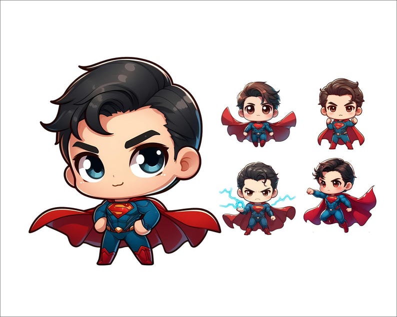 Op de afbeelding: Een cartoonillustratie van Superman in een rood en blauw kostuum met een geel 'S'-symbool op zijn borst. Hij wordt in vijf verschillende poses getoond, waaronder vliegen, poseren en een bliksem vasthouden.