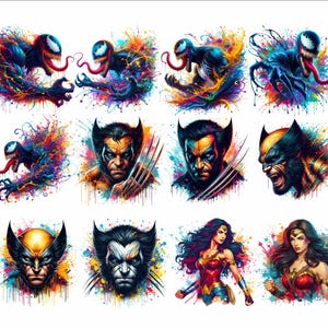 May include: A digital art collage featuring colorful paint splatters and various comic book characters, including Venom, Wolverine, and Wonder Woman.