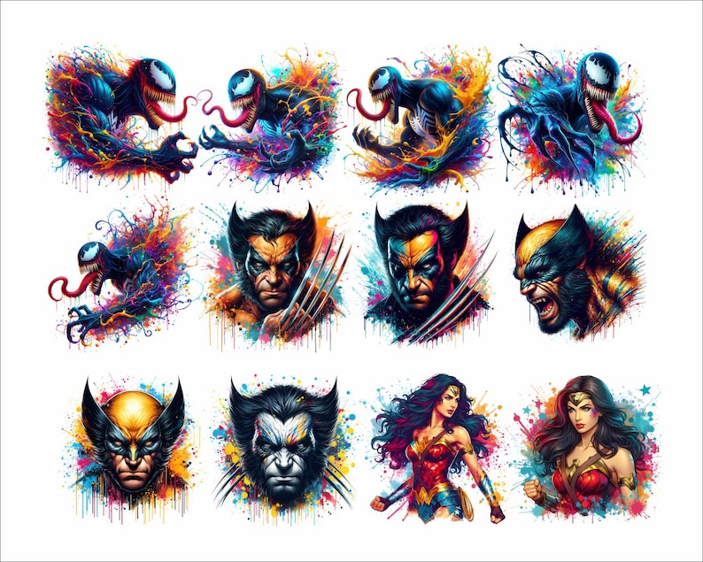 May include: A digital art collage featuring colorful paint splatters and various comic book characters, including Venom, Wolverine, and Wonder Woman.