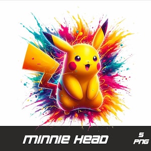 May include: A yellow Pikachu cartoon character with a red cheek and a smile, standing in front of a colorful splatter paint background. The background is a mix of red, orange, yellow, green, blue, and purple.
