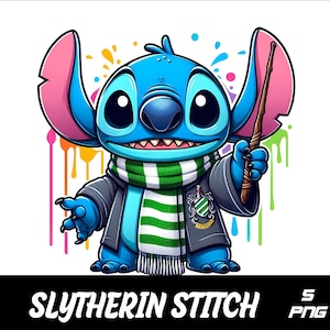 May include: A blue Stitch character wearing a green and white scarf and a black robe with a green crest. The character is holding a wand and is surrounded by colorful paint splatters. The text "Slytherin Stitch" is at the bottom of the image.