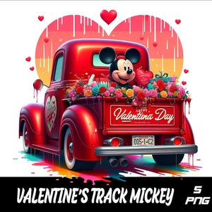 May include: A red vintage pickup truck with a Mickey Mouse figure in the bed. The truck is decorated with flowers and hearts and the text "Happy Valentine's Day" is on the back.