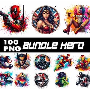 May include: A set of 100 digital PNG images featuring various superheroes and villains in a colorful, abstract style. The images include characters like Deadpool, Wonder Woman, Harley Quinn, Venom, and more.