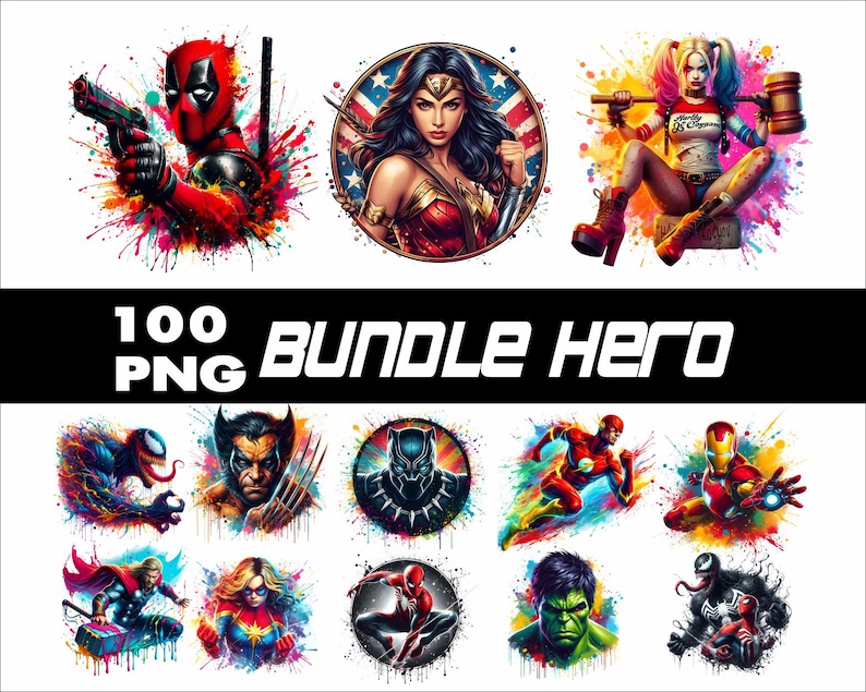 May include: A set of 100 digital PNG images featuring various superheroes and villains in a colorful, abstract style. The images include characters like Deadpool, Wonder Woman, Harley Quinn, Venom, and more.