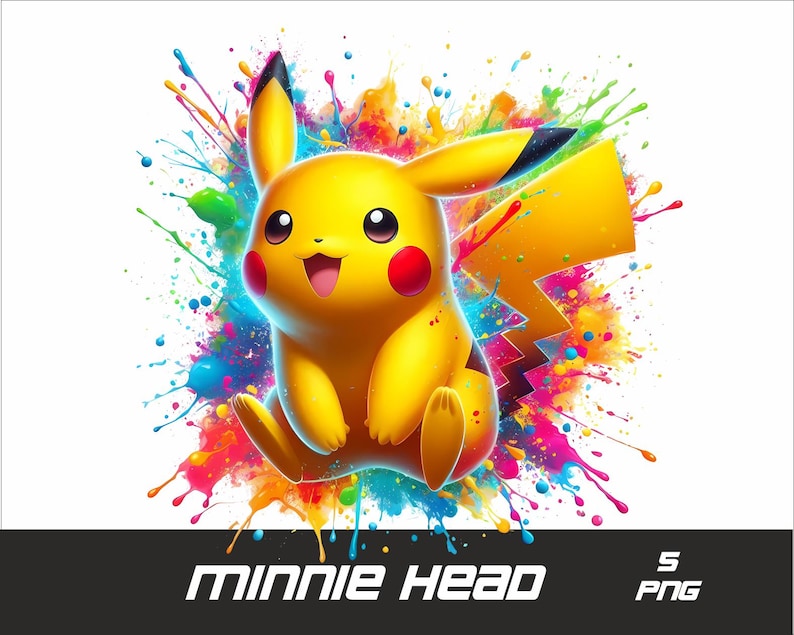 May include: A yellow cartoon character with a lightning bolt tail, known as Pikachu, is surrounded by colorful paint splatters. The character is smiling and has a happy expression.