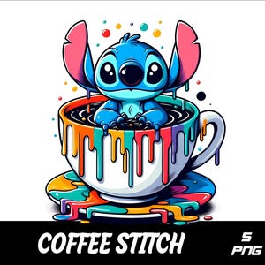 5 PNG Coffee  Stitch  Png Stitch Splash and Watercolor Png Coffee Stitch Transparent PNG file for Sublimation