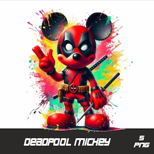 May include: A cartoon Mickey Mouse character wearing a red and black Deadpool costume with two swords. The background is a colorful splatter of paint.