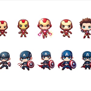 Op de afbeelding: Een set van tien cartoon superheldenfiguren. Vijf figuren zijn rode en gouden Iron Man-karakters, en vijf figuren zijn blauwe en rode Captain America-karakters. De figuren zijn allemaal in chibi-stijl, met grote koppen en kleine lichamen.