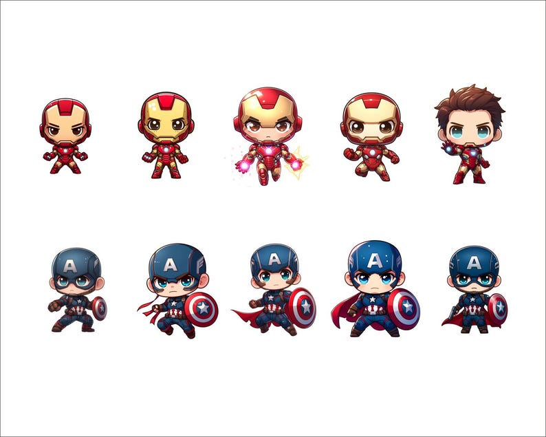 Op de afbeelding: Een set van tien cartoon superheldenfiguren. Vijf figuren zijn rode en gouden Iron Man-karakters, en vijf figuren zijn blauwe en rode Captain America-karakters. De figuren zijn allemaal in chibi-stijl, met grote koppen en kleine lichamen.