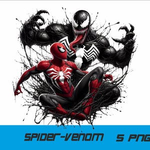 May include: A black and red superhero, Spider-Man, is fighting a black and white superhero, Venom. The two are in a dynamic pose, with Spider-Man leaping forward and Venom lunging at him. The background is a white splatter of black ink.