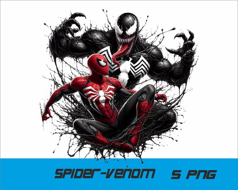 May include: A black and red superhero, Spider-Man, is fighting a black and white superhero, Venom. The two are in a dynamic pose, with Spider-Man leaping forward and Venom lunging at him. The background is a white splatter of black ink.