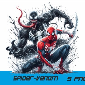 May include: A digital illustration of Spider-Man and Venom, both in action poses. Spider-Man is in his red and blue suit, while Venom is in his black and white suit with a large, red tongue. The background is a white, splatter-like design.