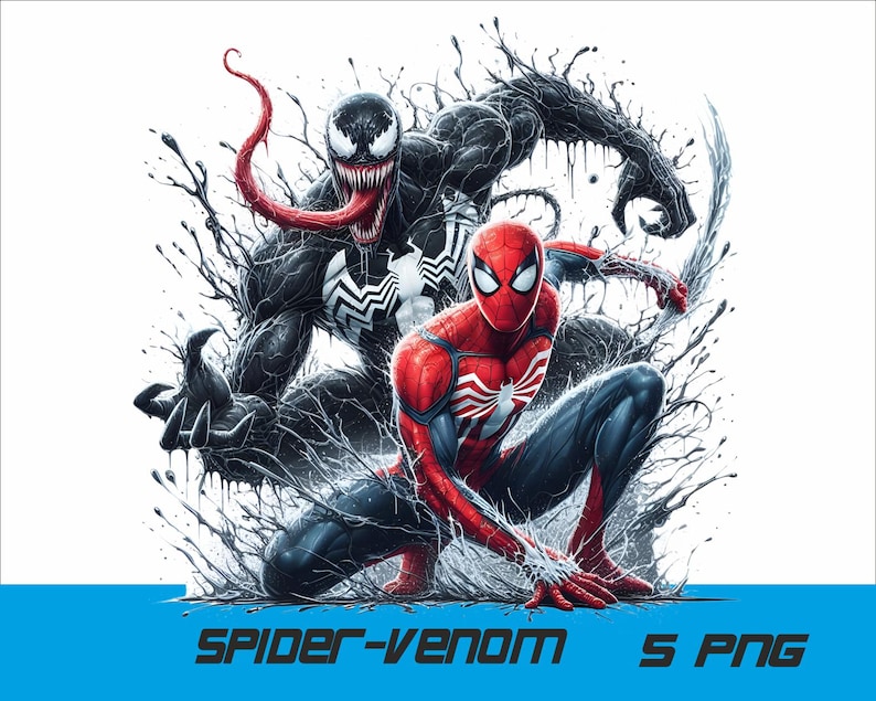 May include: A digital illustration of Spider-Man and Venom, both in action poses. Spider-Man is in his red and blue suit, while Venom is in his black and white suit with a large, red tongue. The background is a white, splatter-like design.