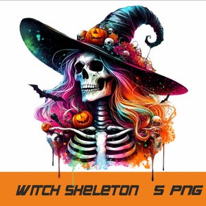 May include: A colorful witch skeleton wearing a black hat with a pointed brim and a green and blue swirl design. The skeleton has long, flowing hair in shades of pink, orange, and blue. The hat is decorated with pumpkins and other Halloween-themed embellishments.