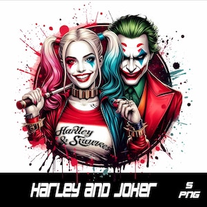 May include: Digital illustration featuring Harley Quinn and the Joker. Harley Quinn is depicted with blonde pigtails, red and blue face paint, and a bat. The Joker has green hair and a red suit. The image includes the text "Harley and Joker" on a white background.