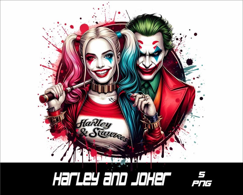 May include: Digital illustration featuring Harley Quinn and the Joker. Harley Quinn is depicted with blonde pigtails, red and blue face paint, and a bat. The Joker has green hair and a red suit. The image includes the text "Harley and Joker" on a white background.