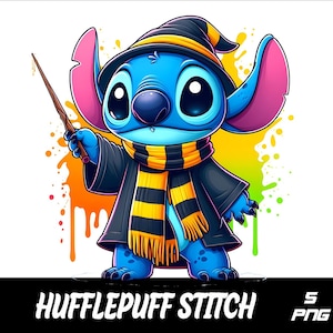 May include: A blue Stitch character wearing a black wizard robe with a yellow and black striped scarf and a pointed hat. Stitch is holding a wand and is surrounded by colorful paint splatters. The text "HUFFLEPUFF STITCH" is at the bottom of the image.