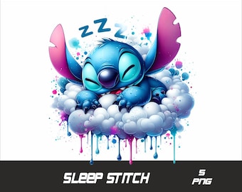 May include: A blue cartoon character with large ears, known as Stitch, is sleeping on a white cloud. The cloud is surrounded by colorful paint splatters and drips. The text "SLEEP STITCH" is at the bottom of the image.