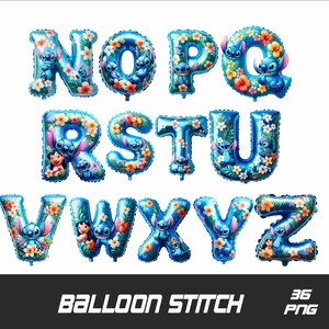 Puede incluir: Letras de globos azules del alfabeto con un dise&ntilde;o de Stitch. Las letras est&aacute;n decoradas con flores y hojas tropicales. Las letras deletrean "NOPQRSTUVWXYZ". Balloon Stitch 36 PNG.