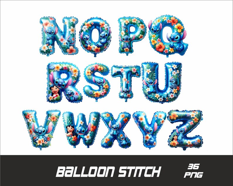 Puede incluir: Letras de globos azules del alfabeto con un dise&ntilde;o de Stitch. Las letras est&aacute;n decoradas con flores y hojas tropicales. Las letras deletrean "NOPQRSTUVWXYZ". Balloon Stitch 36 PNG.