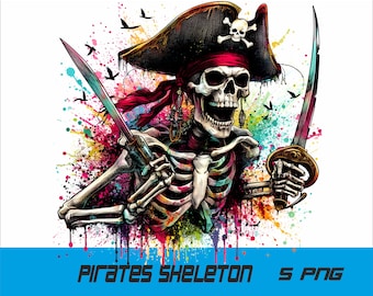 5 PNG Pirates Skeleton  Png Halloween Splash and Watercolor Png Skeleton Transparent PNG file for Sublimation Pirates PNG