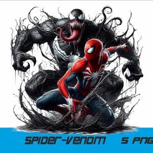 May include: A black and red superhero, Spider-Man, is fighting a black alien symbiote, Venom. The two characters are in a dynamic pose, with Spider-Man's web shooters firing and Venom's teeth bared.