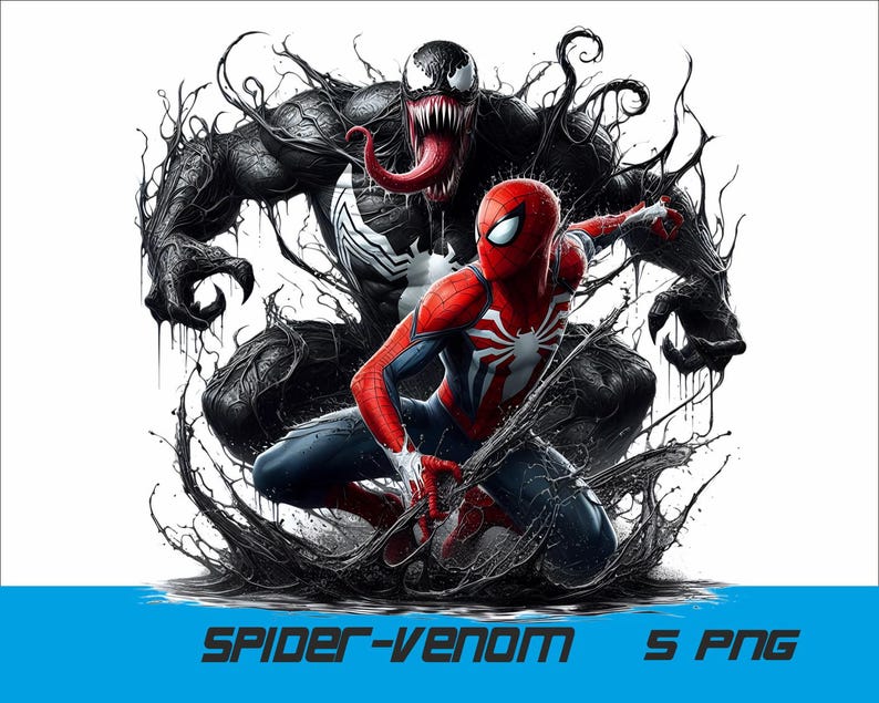 May include: A black and red superhero, Spider-Man, is fighting a black alien symbiote, Venom. The two characters are in a dynamic pose, with Spider-Man's web shooters firing and Venom's teeth bared.