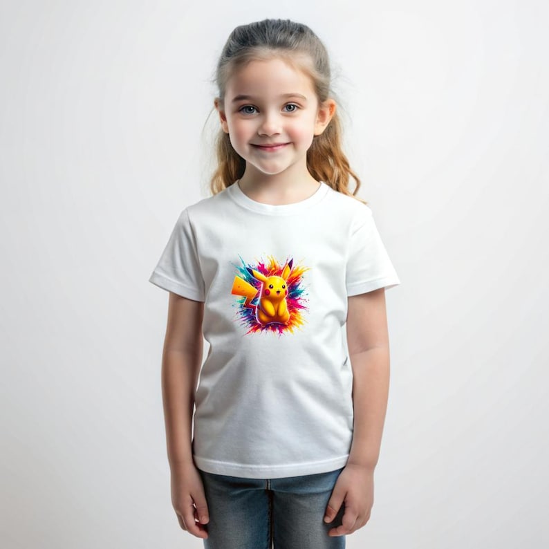 May include: A white t-shirt with a colorful graphic of Pikachu, a popular cartoon character, surrounded by colorful paint splatters.